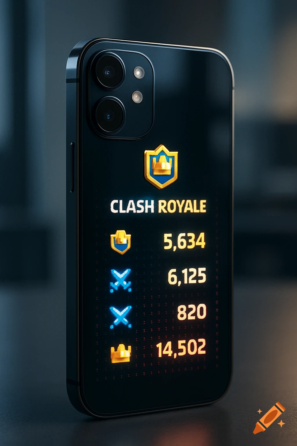 Dark iPhone 12 with glowing Clash Royale game stats and icons displayed on its back cover, in a digital art style.