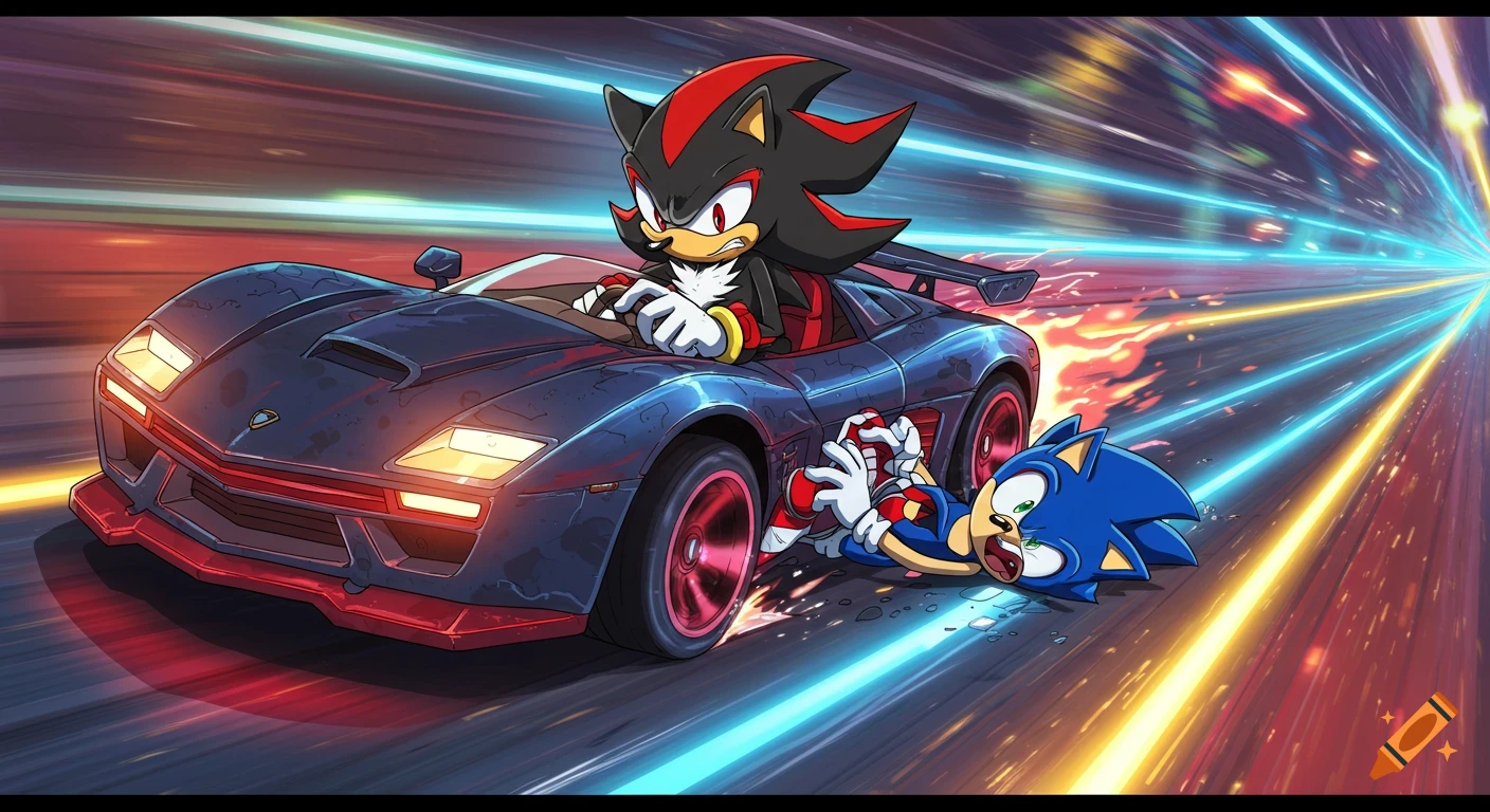 Shadow the Hedgehog drives a black sports car at high speed, seemingly running over a surprised Sonic the Hedgehog on a futuristic road, in a cartoon style.