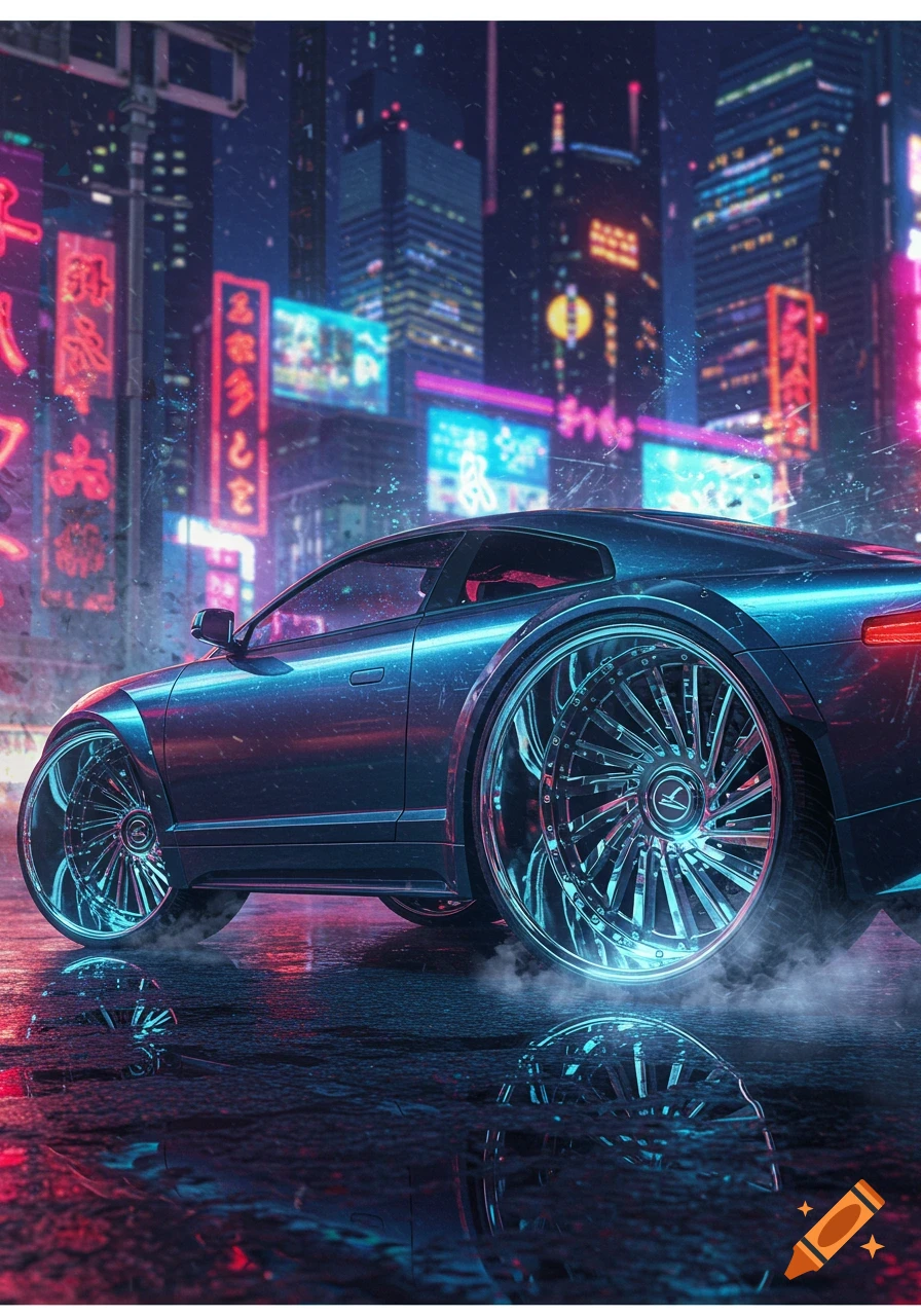 A futuristic blue car with massive chrome wheels sits on a wet street at night, reflecting neon cyberpunk city lights.