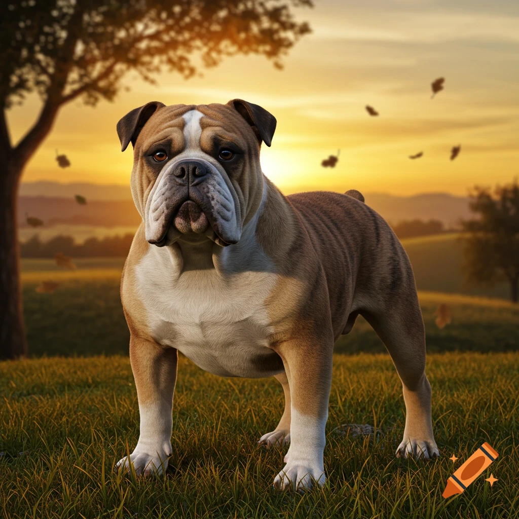 A photorealistic image of a brown and white bulldog standing in a grassy field at sunset, with a tree and distant hills in the background and falling leaves.