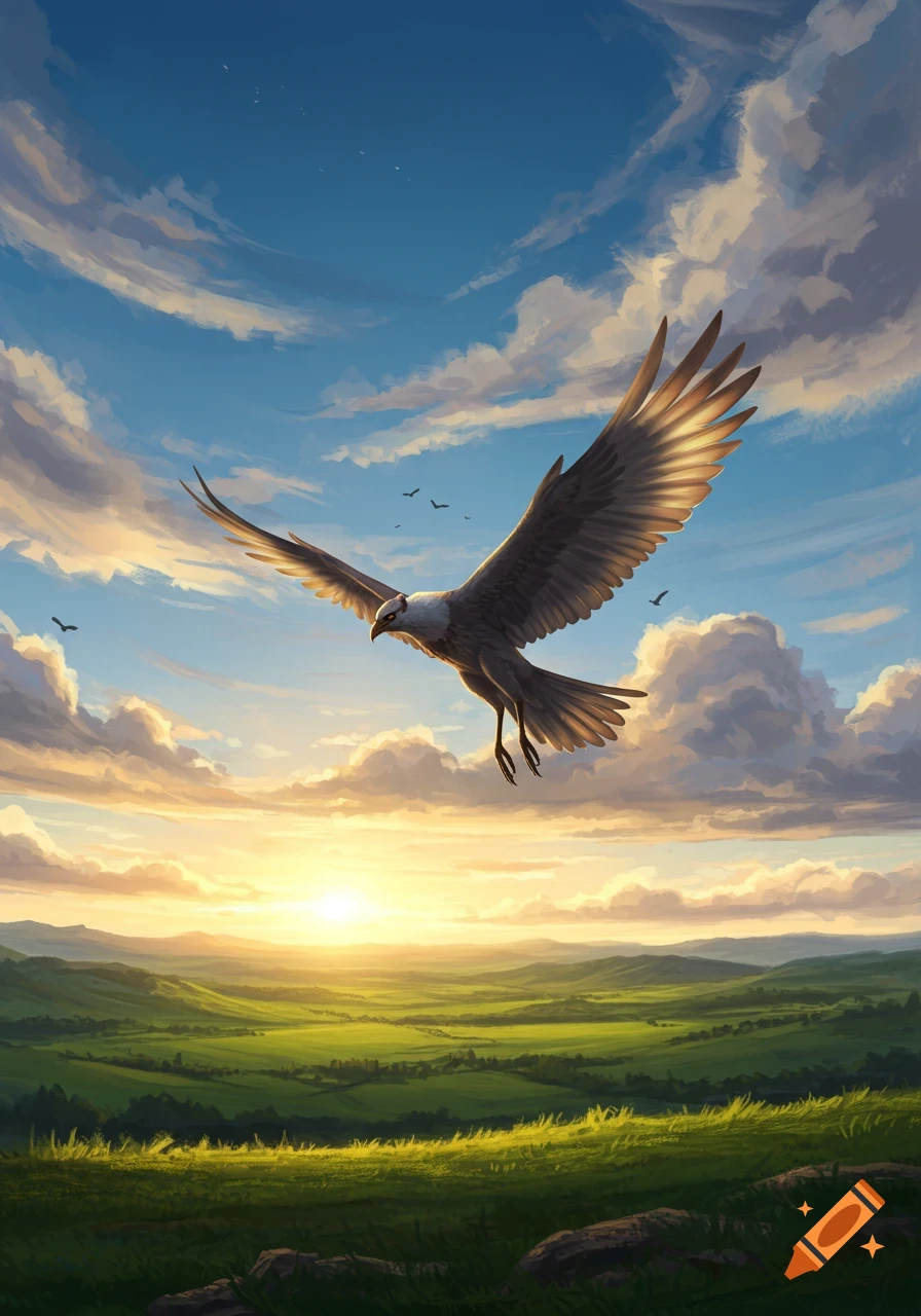 A majestic bird with large wings soars across a vibrant orange and blue sunset sky above rolling green hills.