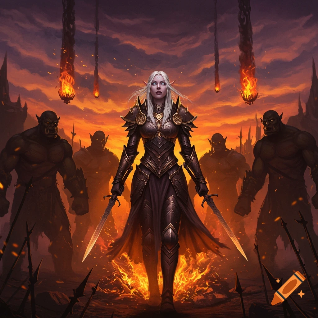 An armored elf maiden with two swords stands amidst flames and orcs under a fiery, meteor-streaked sky. Dark fantasy art.