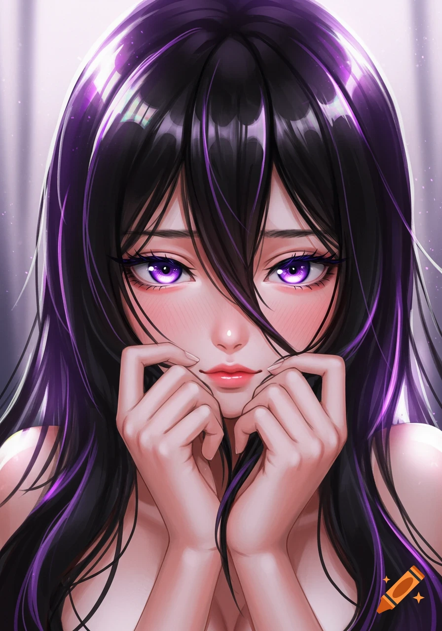 Anime portrait of a flustered girl with long black and purple hair and purple eyes, hands near her face.