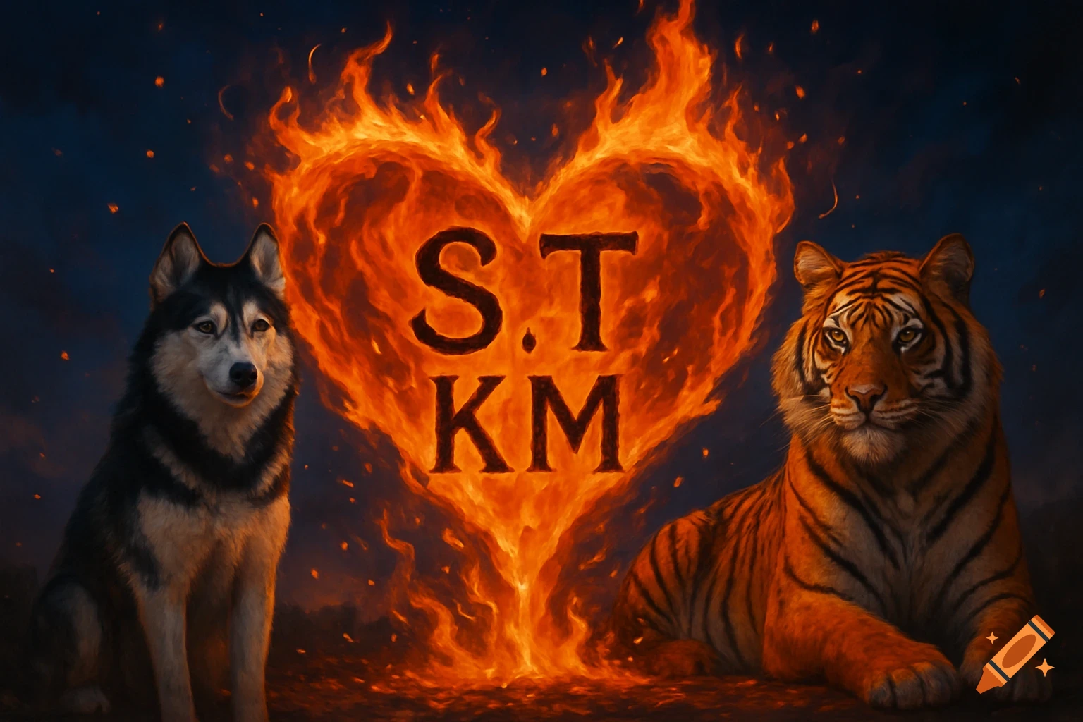 A husky and a tiger sit on either side of a large fiery heart with the initials S.T KM, against a dark background in a digital art style.