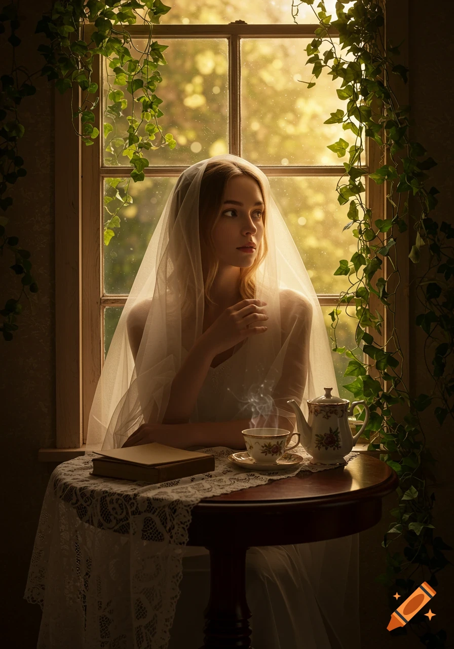 A woman in a veil looks out a sunlit window, seated at a table with a teacup and book, ivy frames the window.