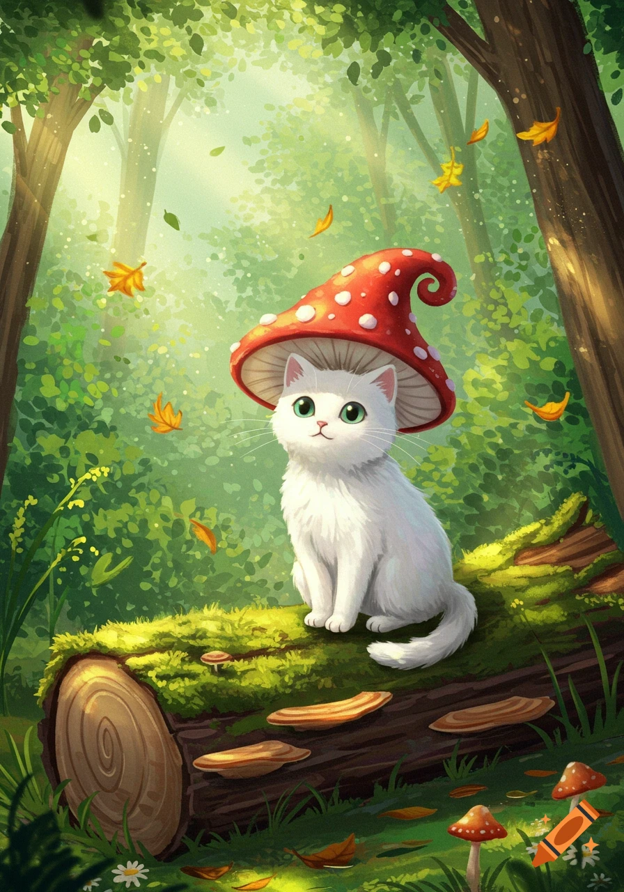A cute white cat wearing a red mushroom hat sits on a mossy log in a sunny, green forest with falling leaves, illustration.