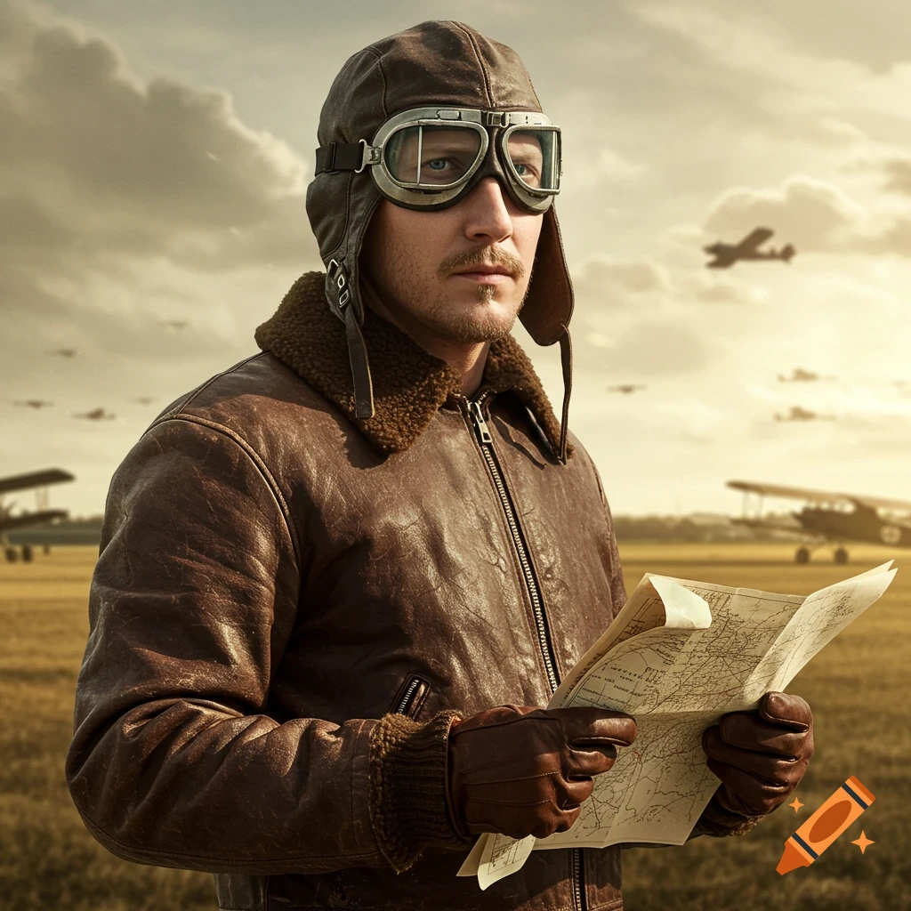A photorealistic vintage portrait of a pilot in a leather flight helmet and goggles, holding a map on an airfield with biplanes.