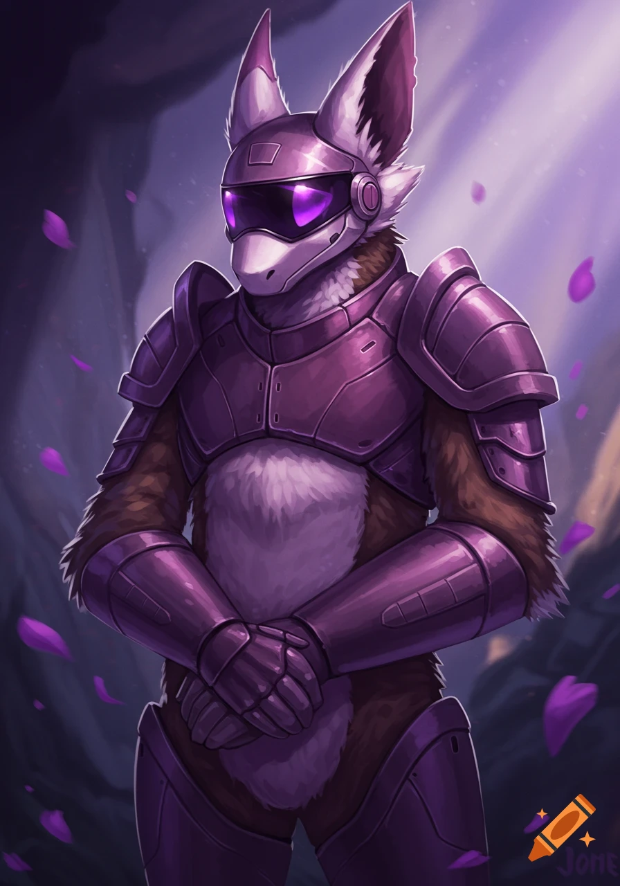 A furry protogen in purple sci-fi armor with a glowing purple visor stands in a dark setting with falling petals.