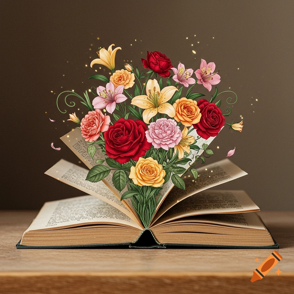 Colorful illustrated flowers, including roses and lilies, emerge from an open book on a wooden table, with golden sparkles.