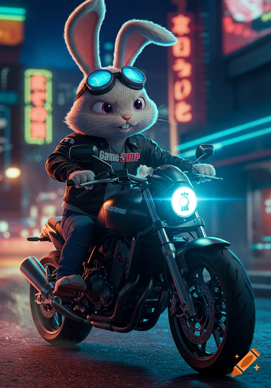 A cartoon white bunny wearing goggles and a leather jacket rides a motorcycle through a neon city at night.