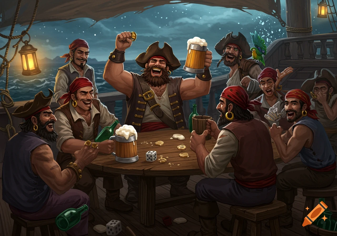 A group of lively, cartoonish pirates laugh and drink beer on a ship deck at night.