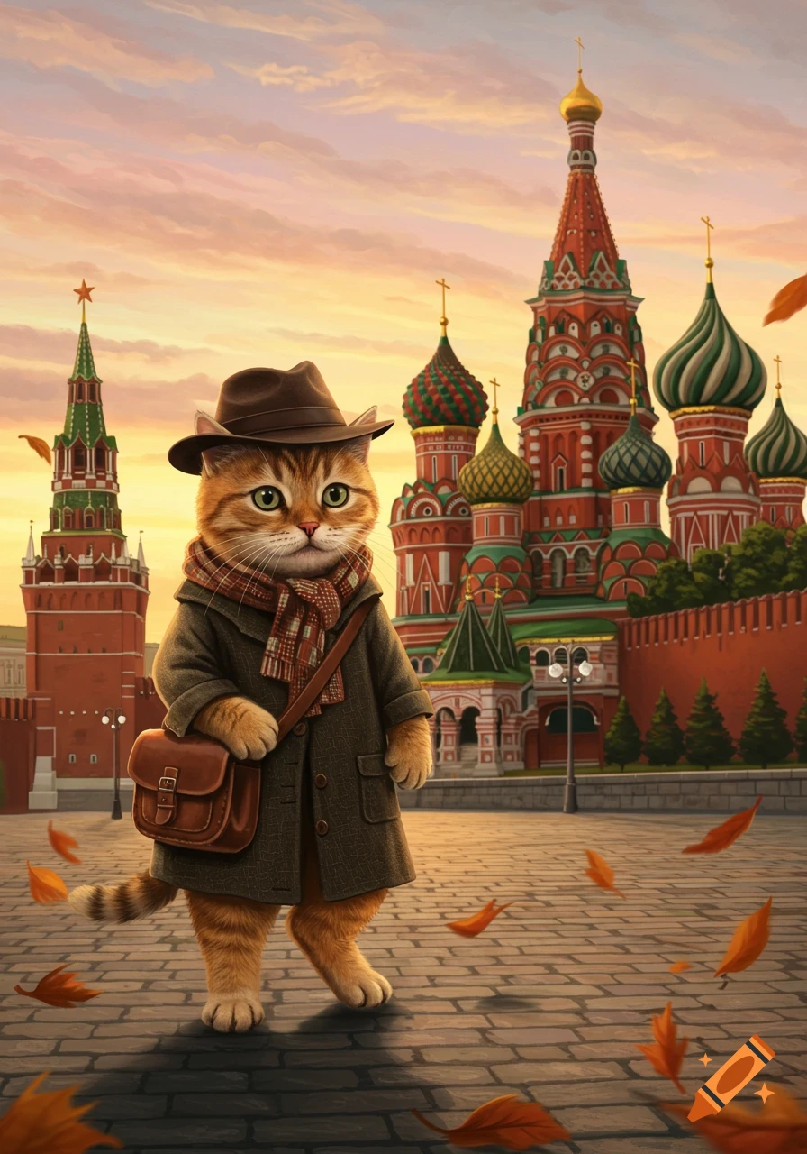 An anthropomorphic tabby cat in a fedora, coat, and scarf stands with a satchel in front of Moscow's St. Basil's Cathedral at sunset with autumn leaves.