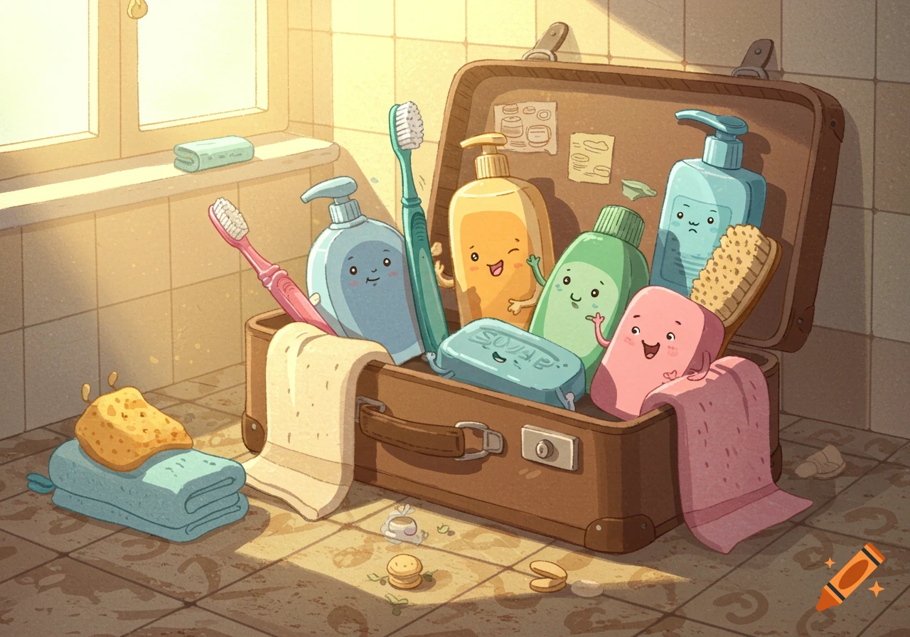 Cute cartoon illustration of anthropomorphic toiletries (shampoo, soap, toothbrushes) packed in a suitcase in a sunny bathroom.