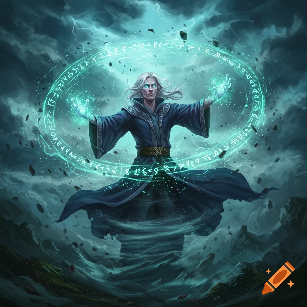 A white-haired wizard with glowing eyes casts a swirling blue rune spell amidst a storm and debris, fantasy art.