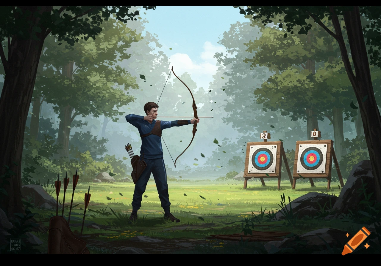 An illustration of a young archer aiming a bow at two targets in a lush forest clearing, with leaves falling around him.