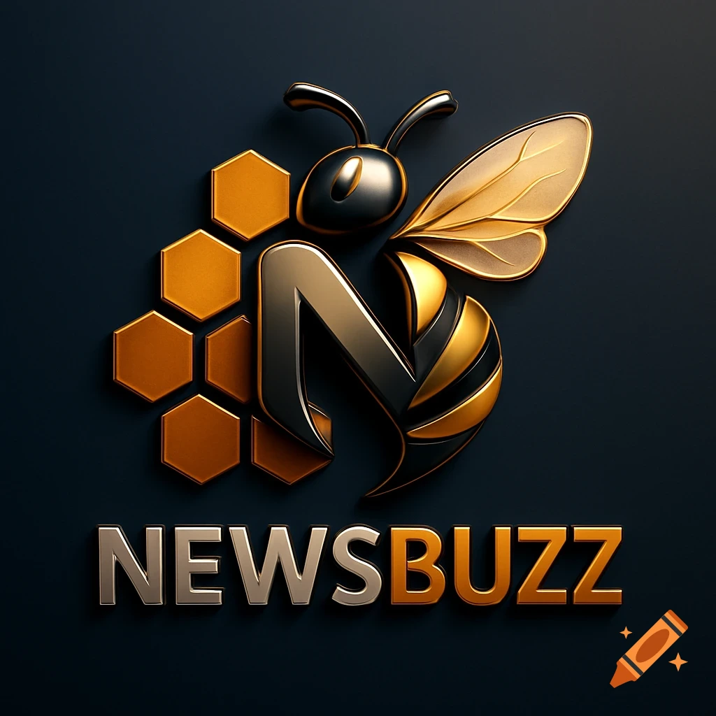 A metallic 3D logo of a black and gold bee with the letter 'N' integrated into its body, next to golden honeycomb, and 'NEWSBUZZ' text.