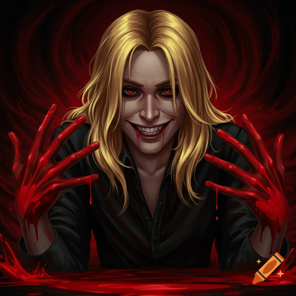 An unsettling illustration of a blonde man with red eyes, an evil grin, blood dripping from his mouth, and hands soaked in blood.