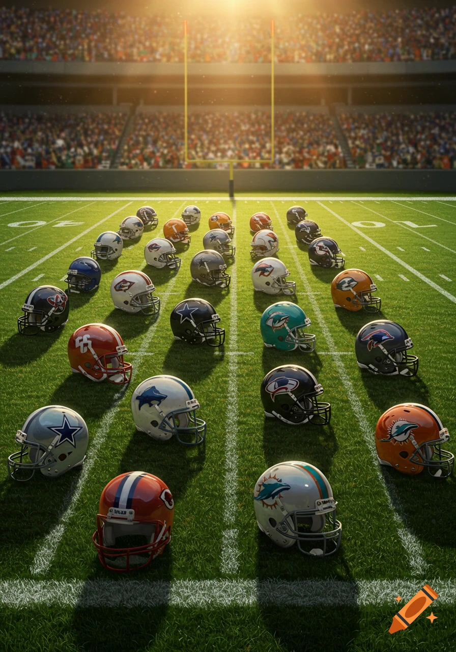 Thirty-two NFL football helmets representing different teams are arranged in rows on a vibrant green football field under stadium lights, with goalposts in the background.