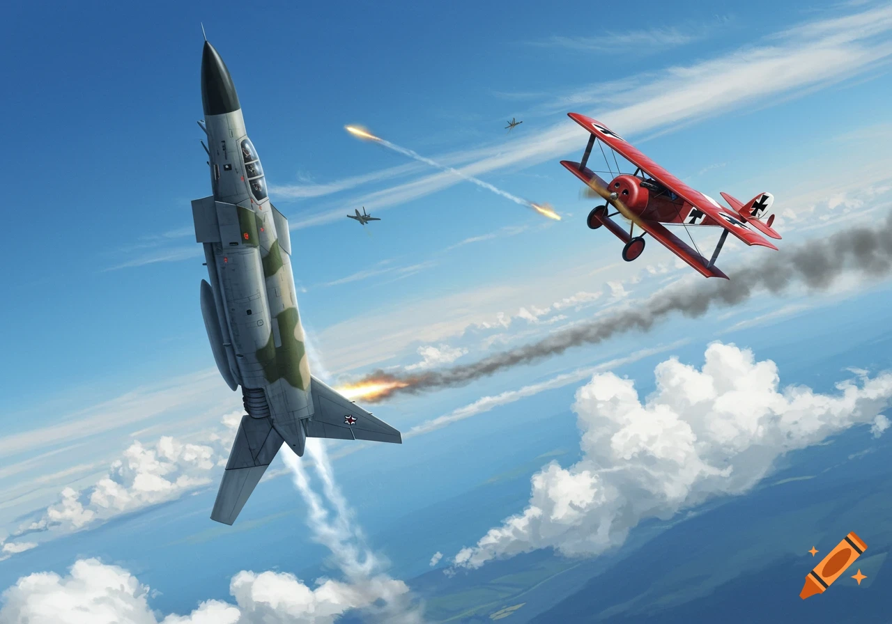 An F-4D Phantom II jet and a red Fokker Dr. I biplane dogfight in a blue sky with clouds.