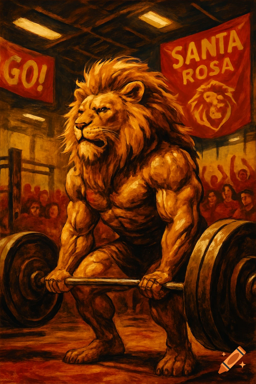 A muscular anthropomorphic lion powerlifting a barbell in a gym with spectators and red banners, in a painterly style.
