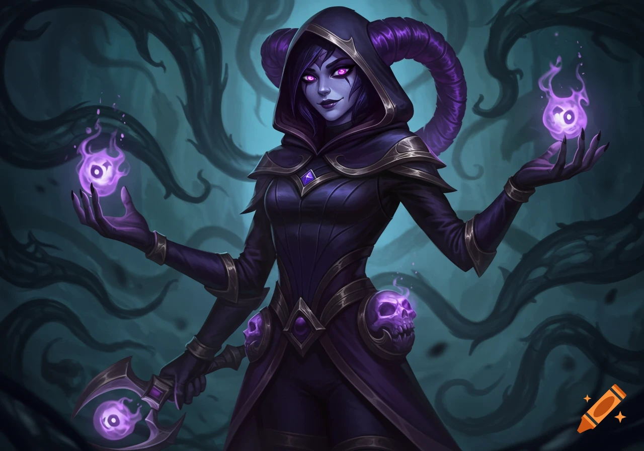 A dark mage with horns and glowing purple eyes in a black hooded robe, conjuring purple flames against a dark, gnarled background.
