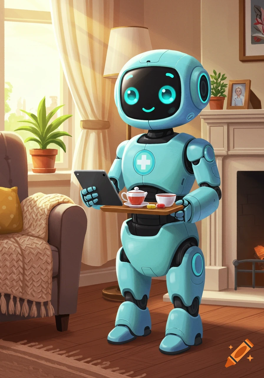 A cute light blue robot with a smiling screen face holds a tablet and a tray with tea and pills in a sunny living room.