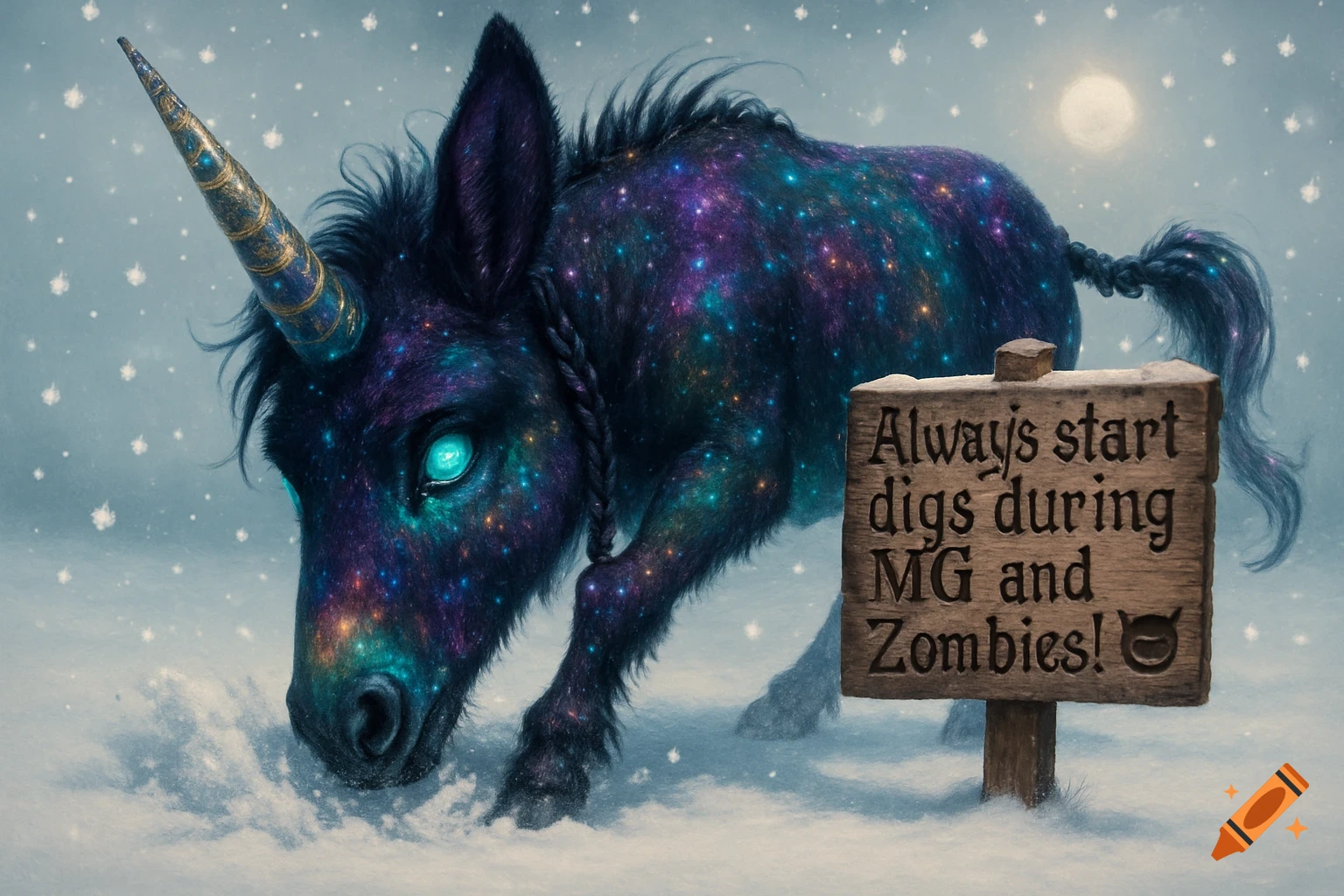 A sparkly, galaxy-patterned donkey unicorn with glowing eyes digs in the snow next to a wooden sign during winter.
