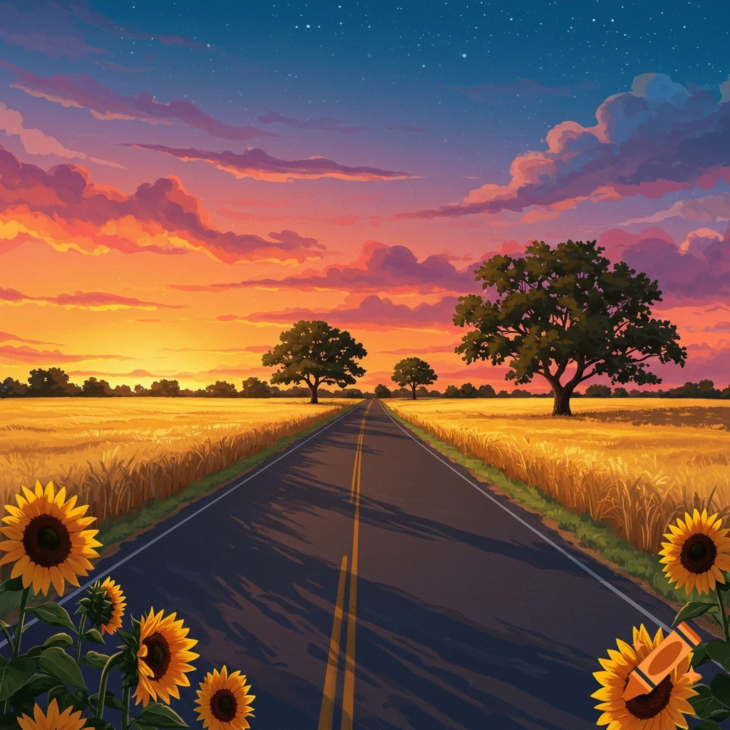 Vibrant illustration of a road through sunflower fields at sunset, with trees under a starry, colorful sky.