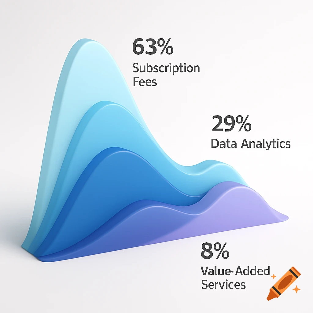 A 3D wave graph in blue and purple showing 63% subscription fees, 29% data analytics, and 8% value-added services.