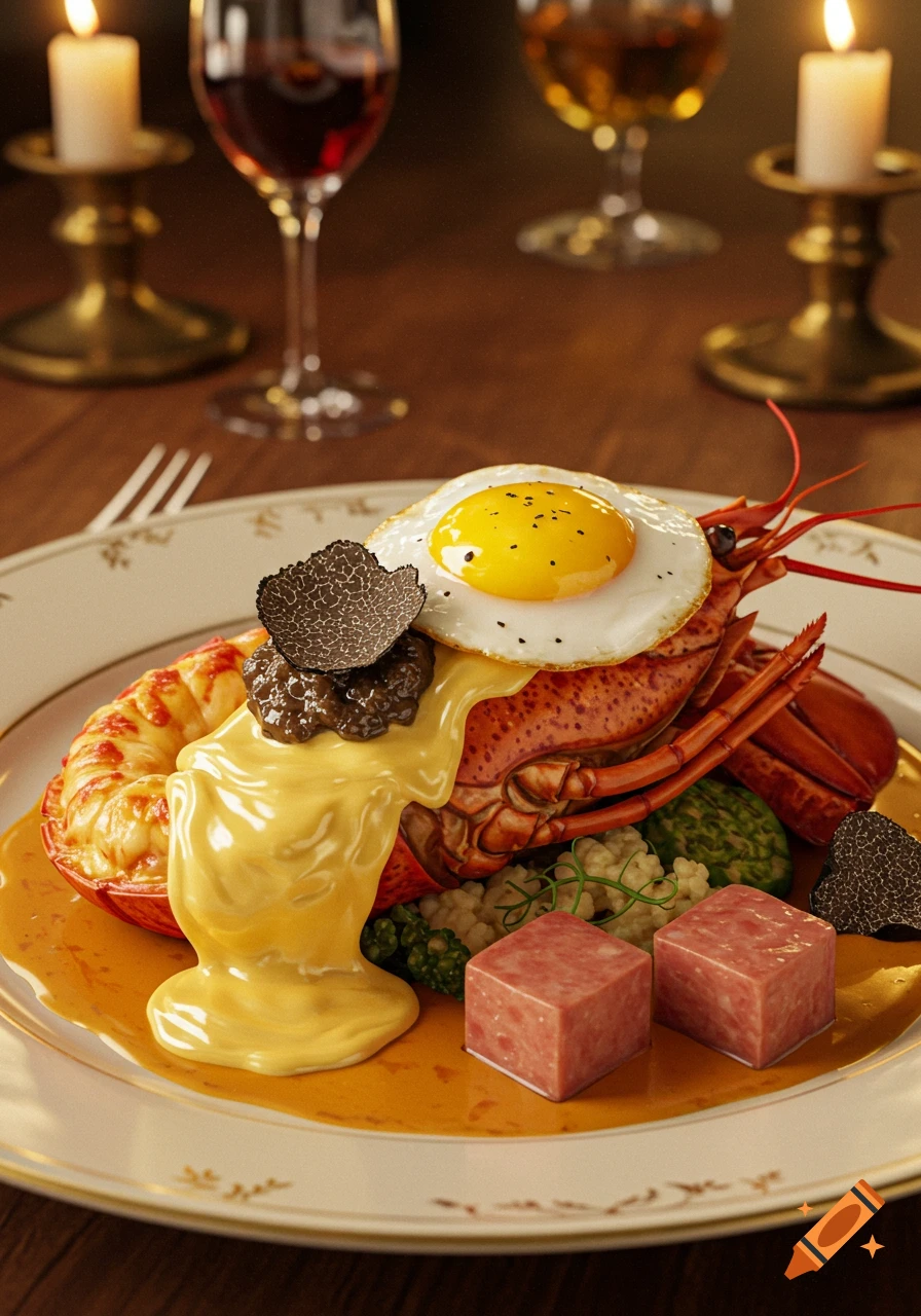 Photorealistic close-up of a lobster Thermidor with fried egg, Mornay sauce, truffles, and two cubes of Spam, on a table with candles and wine.