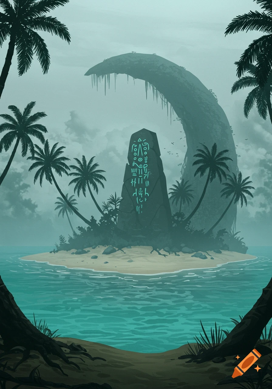 An atmospheric illustration of a mysterious tropical island with a glowing ancient monolith, palm trees, and a large curved rock in the background.