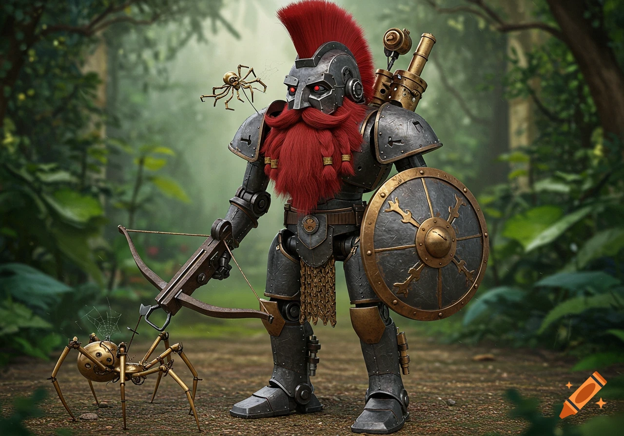 Armored robotic dwarf with red mohawk, crossbow, shield, and clockwork spiders in a forest. Photorealistic.