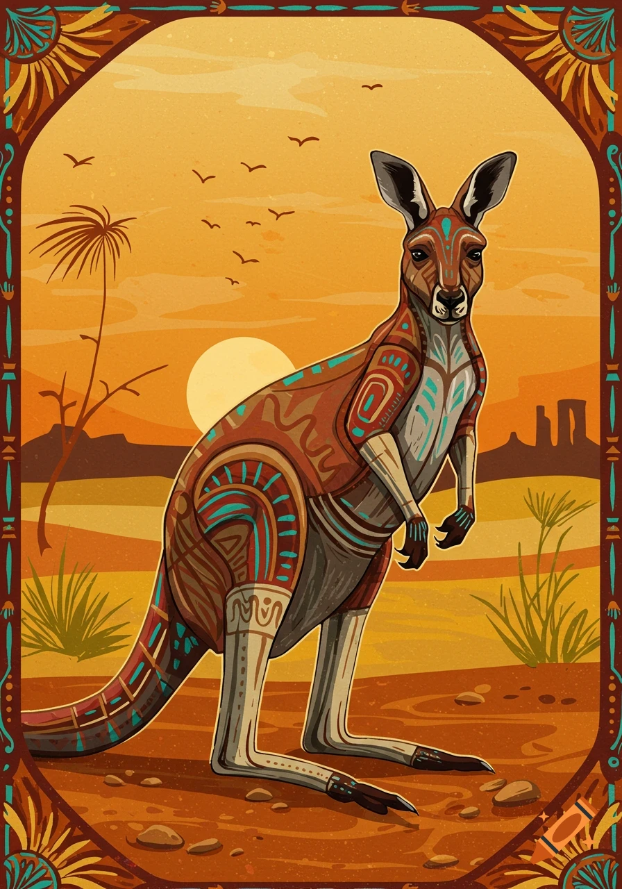 A stylized kangaroo with patterned markings stands in a desert landscape with a sunset, depicted in an Indigenous art style.