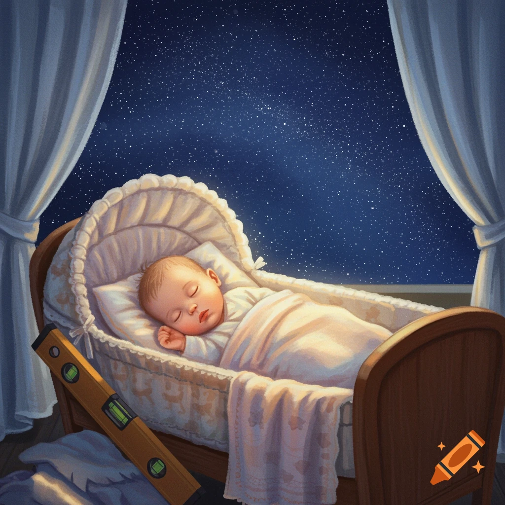 An illustration of a baby sleeping peacefully in a cradle by a window under a starry night sky, with a carpenter's level nearby.