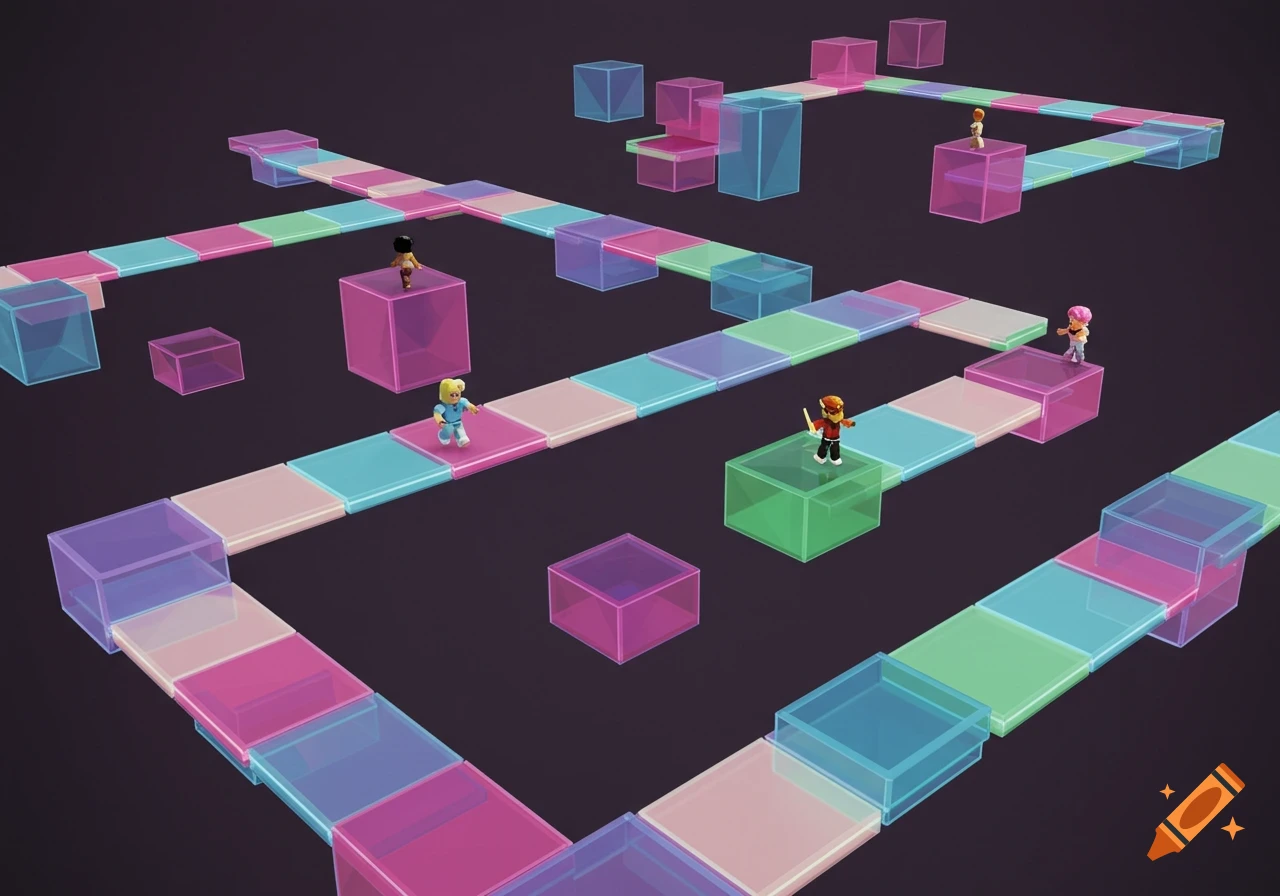A 3D isometric view of a colorful game map with translucent block pathways and small player figures.