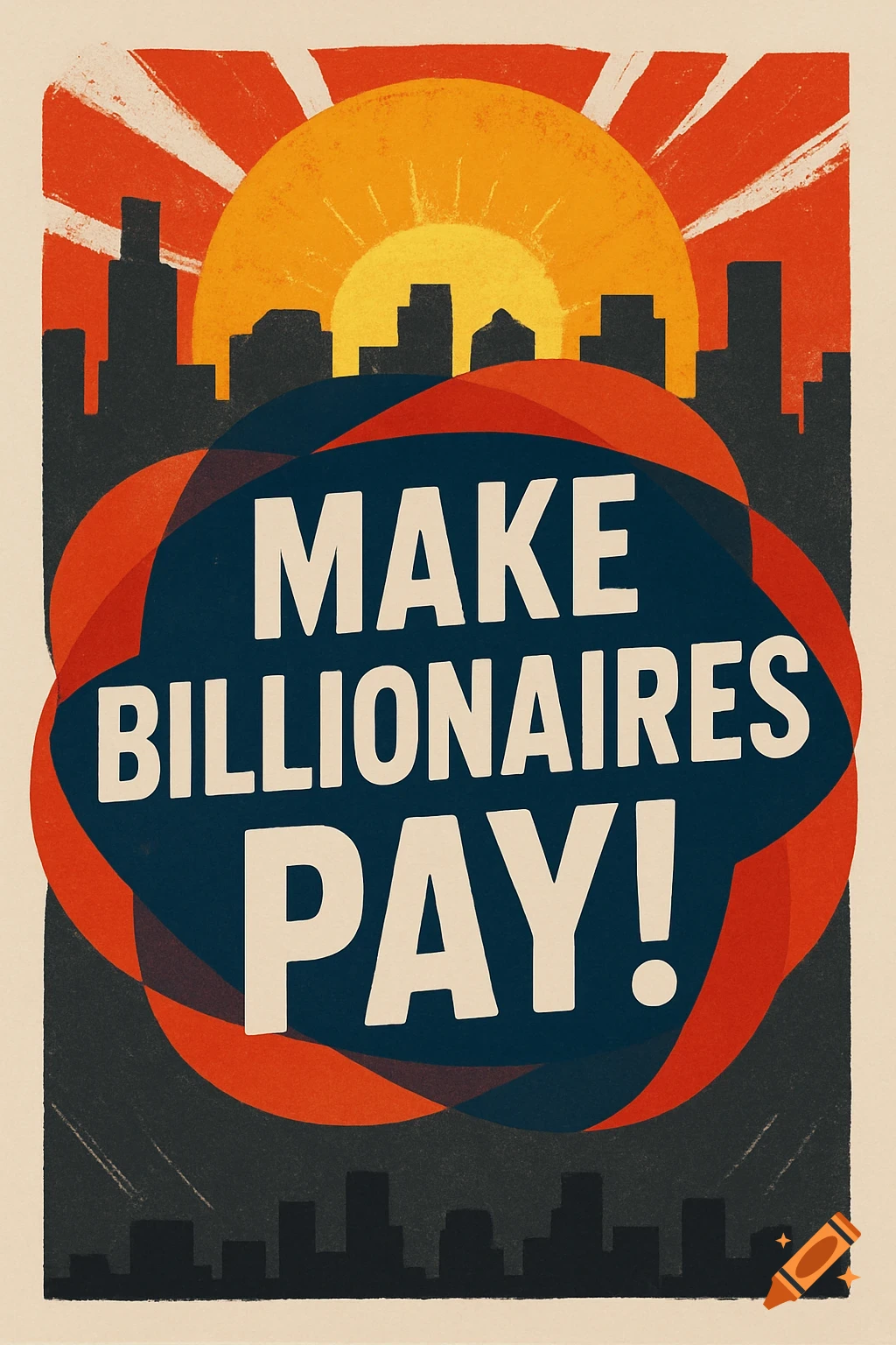 Stylized protest poster featuring a cityscape silhouette under a rising sun, with bold text "MAKE BILLIONAIRES PAY!"