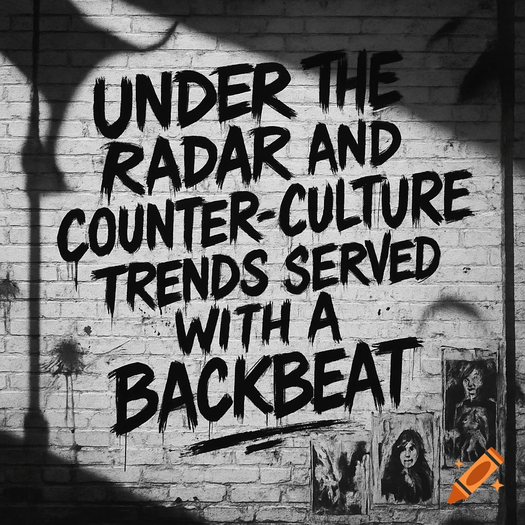 Grungy black and white graffiti text 'Under the radar and counter-culture trends served with a backbeat' on a brick wall.