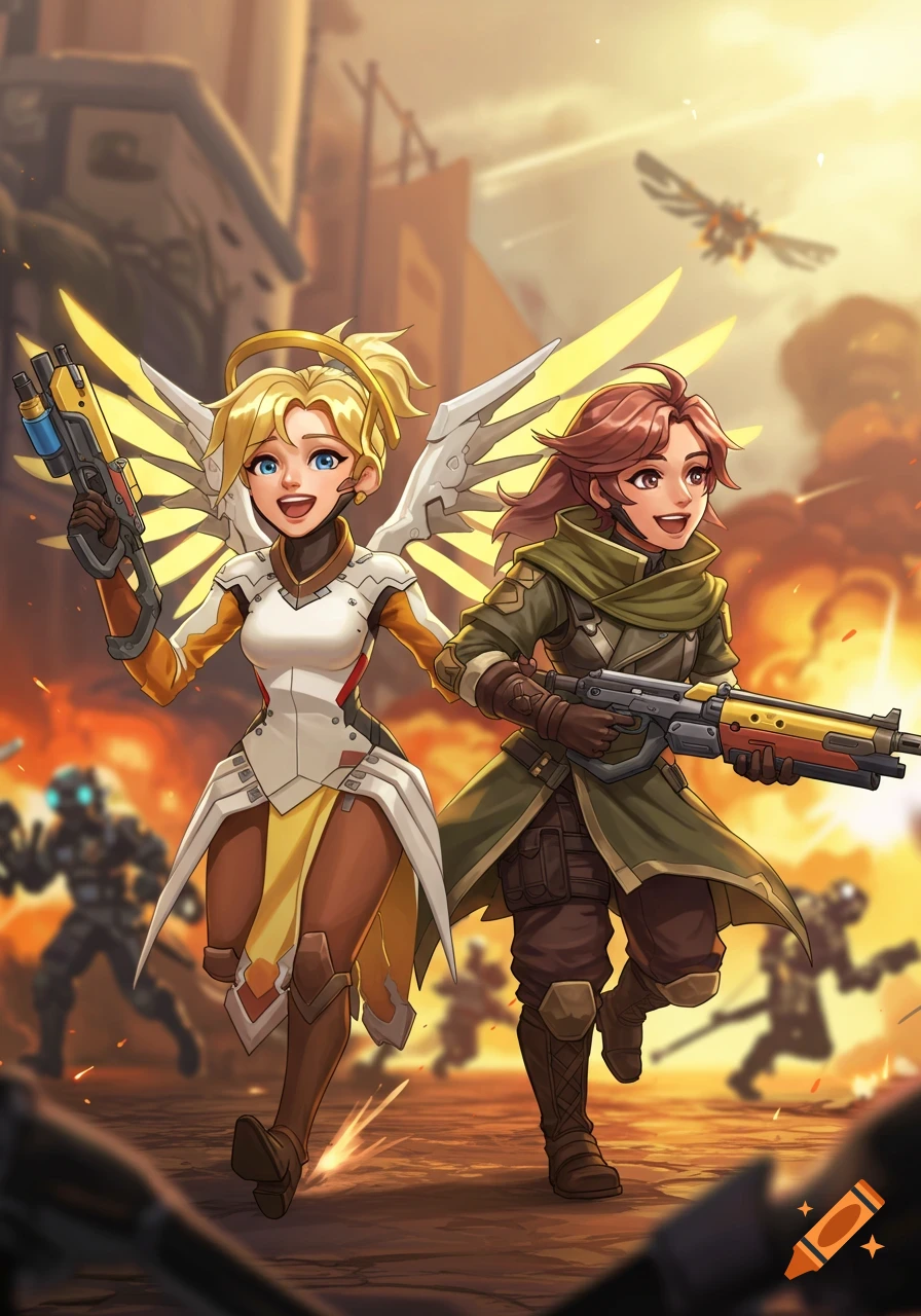 Mercy and Ana from Overwatch run happily through a war-torn landscape, in a cute anime art style.