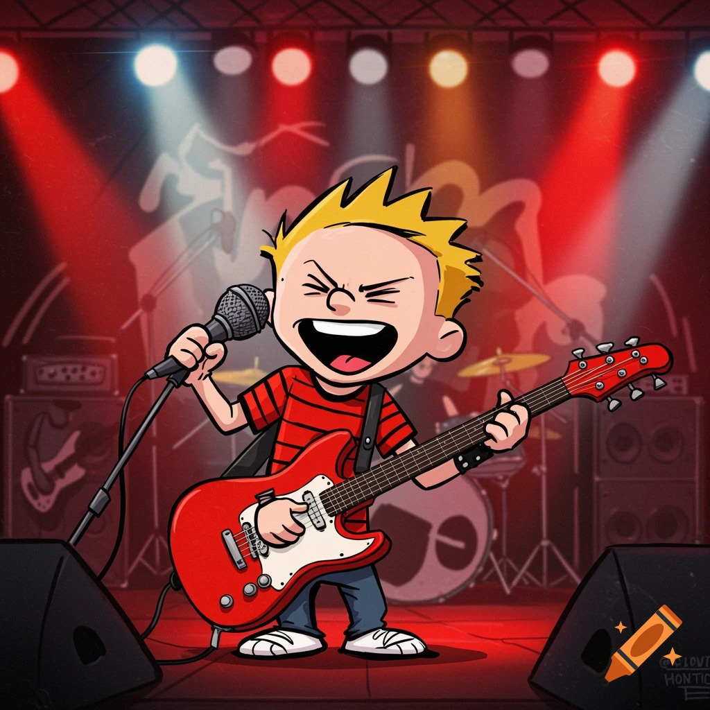 Calvin from Calvin and Hobbes sings and plays a red electric guitar on stage under red and white spotlights.