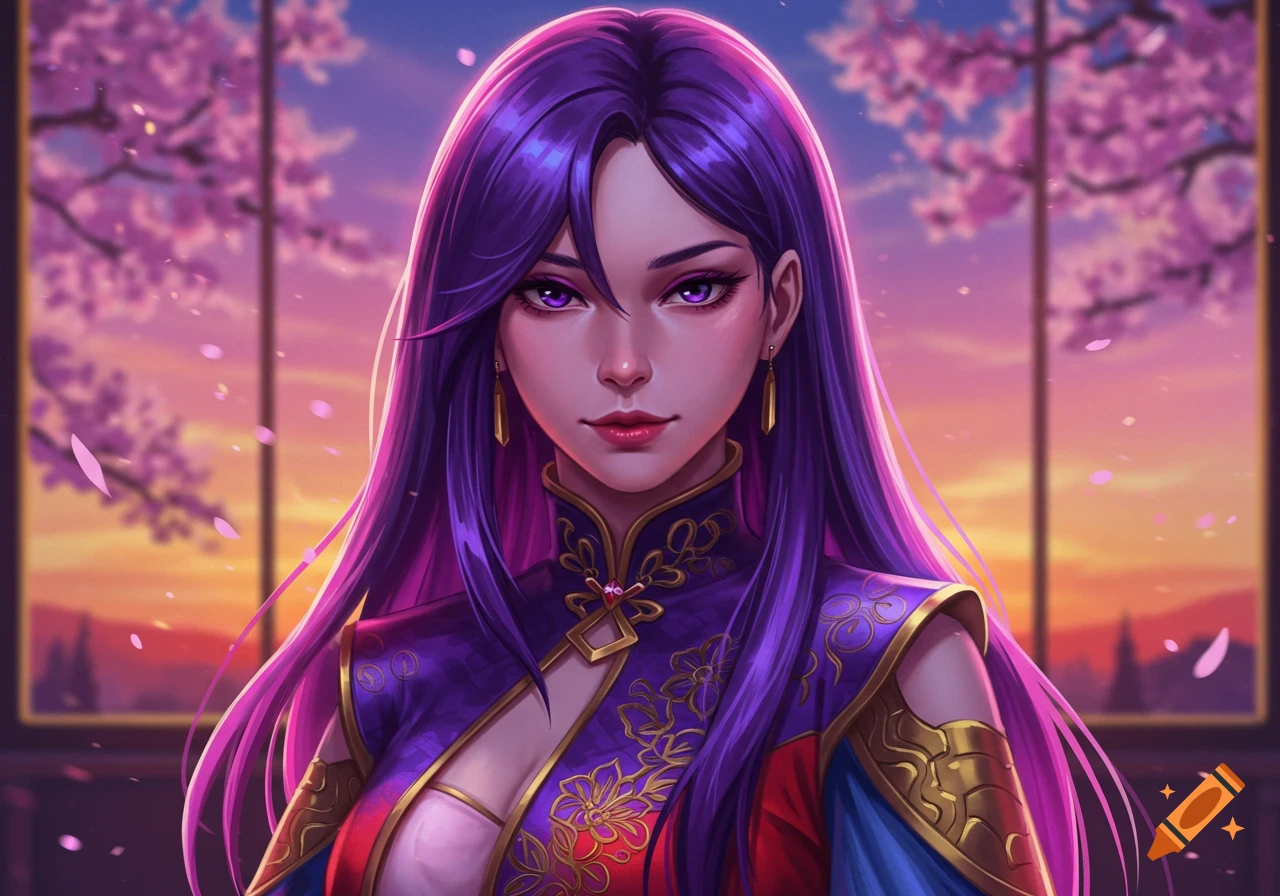 A digital painting of a woman with long purple hair and purple eyes, wearing a detailed purple and red outfit, against a sunset and cherry blossom background.