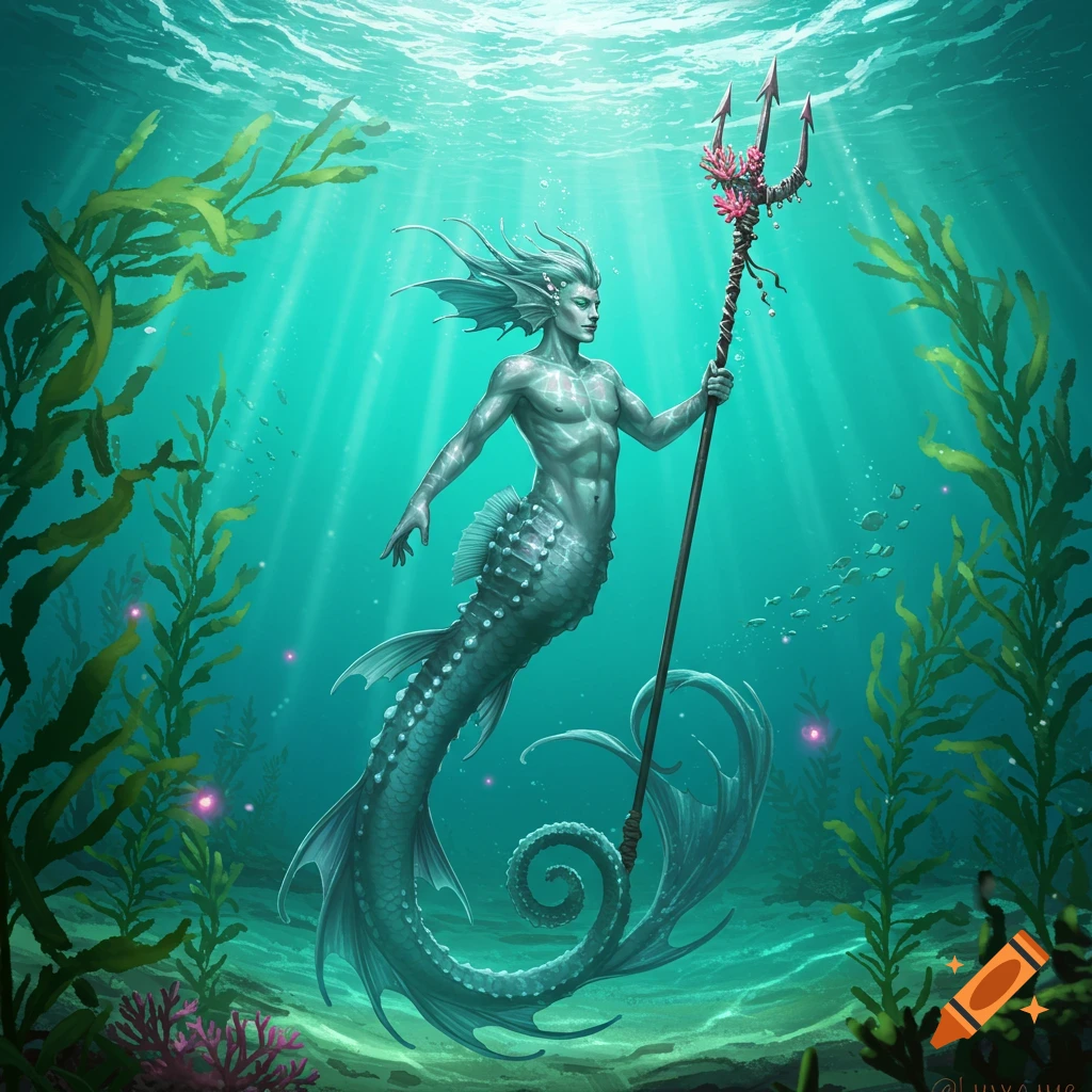 Muscular merman with flowing white hair and scaled tail, holding a coral trident, swimming in a vibrant blue underwater scene.