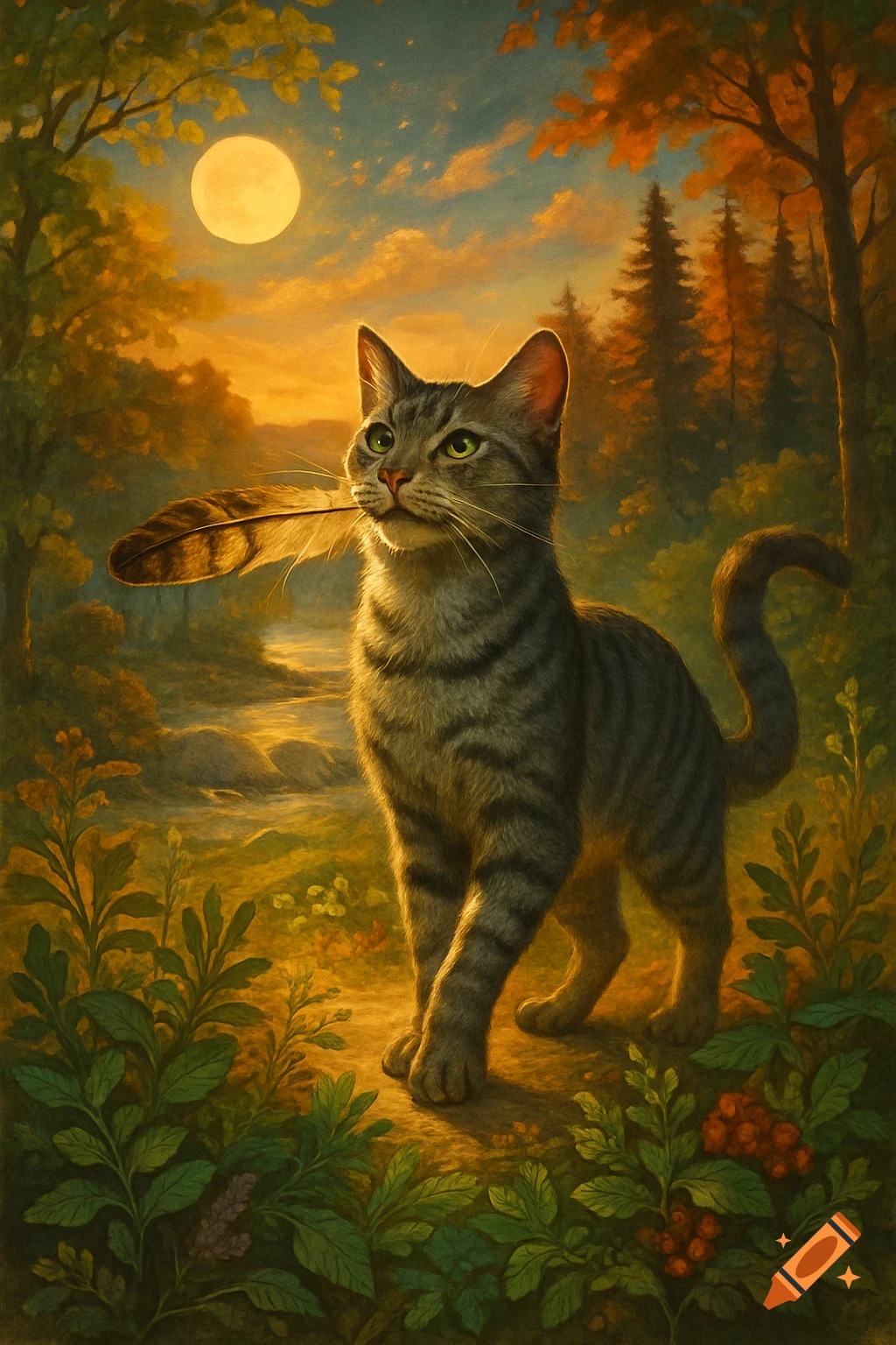A tabby cat holds a feather in its mouth, standing in a lush, painterly forest at sunset with a full moon in the sky.