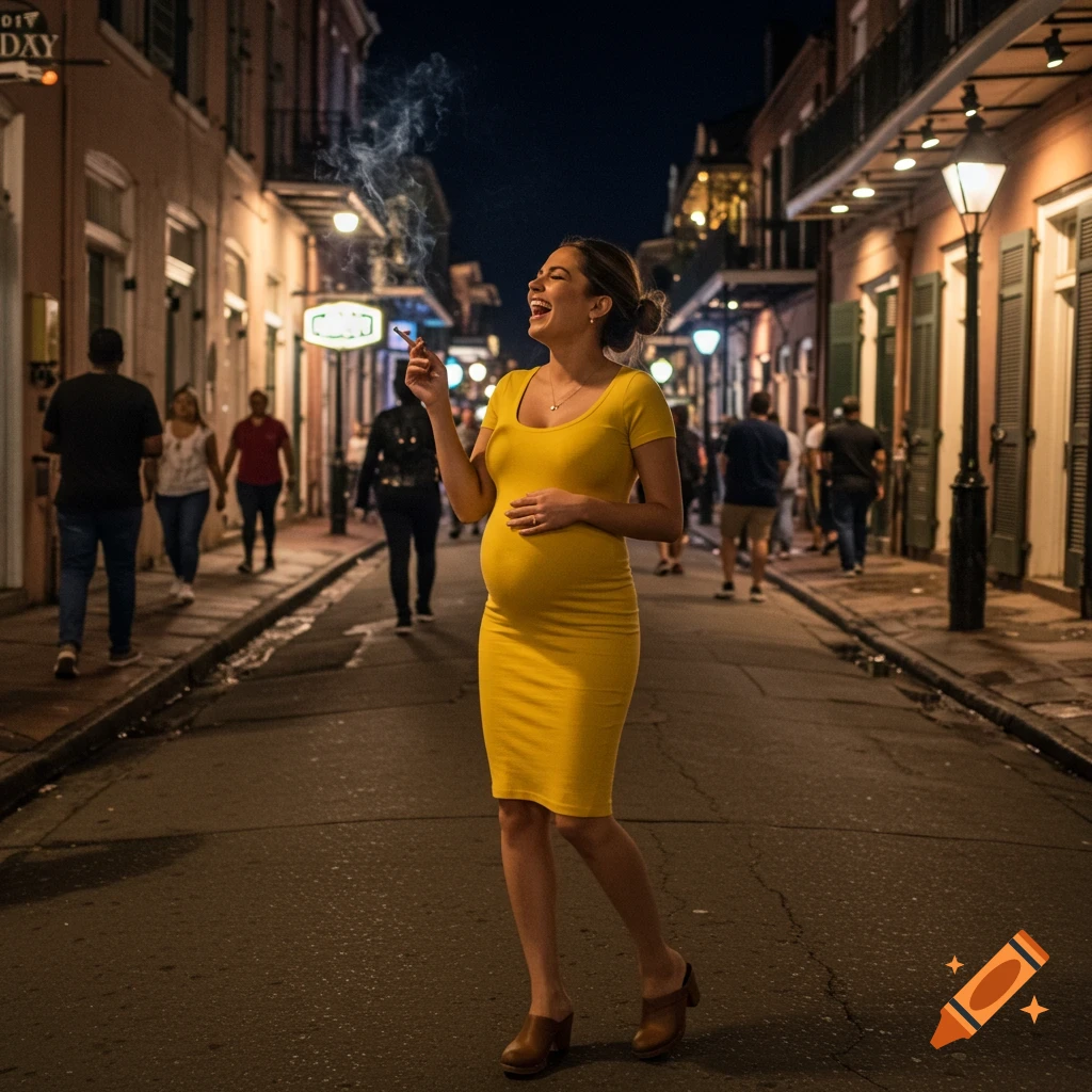 A pregnant woman in a yellow dress laughs while holding a cigarette on a lively Bourbon Street at night.