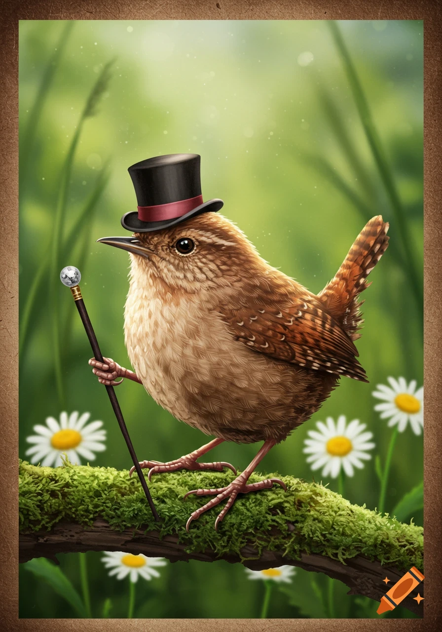A brown wren wearing a black top hat and holding a cane, perched on a mossy branch with daisies in a lush green background.