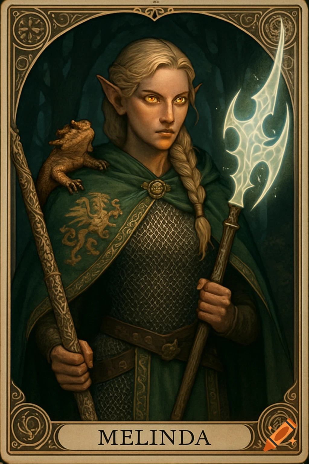 Blonde elf warrior with glowing eyes, green cloak, and chainmail, holding a glowing halberd and staff, a small dragon on her shoulder, in a tarot card frame with the name Melinda.