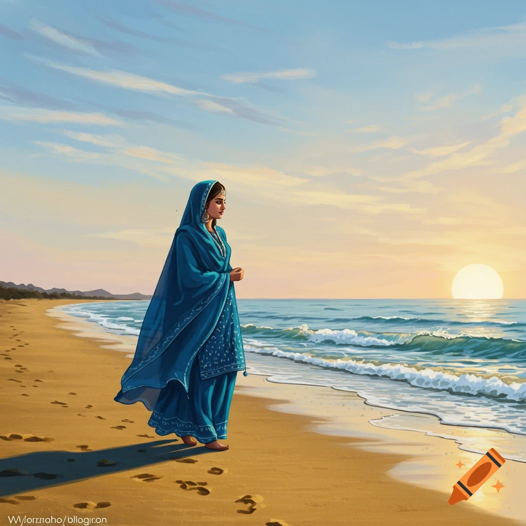 An illustrated image of a woman in a blue traditional dress standing on a sandy beach, looking at the ocean during sunset.