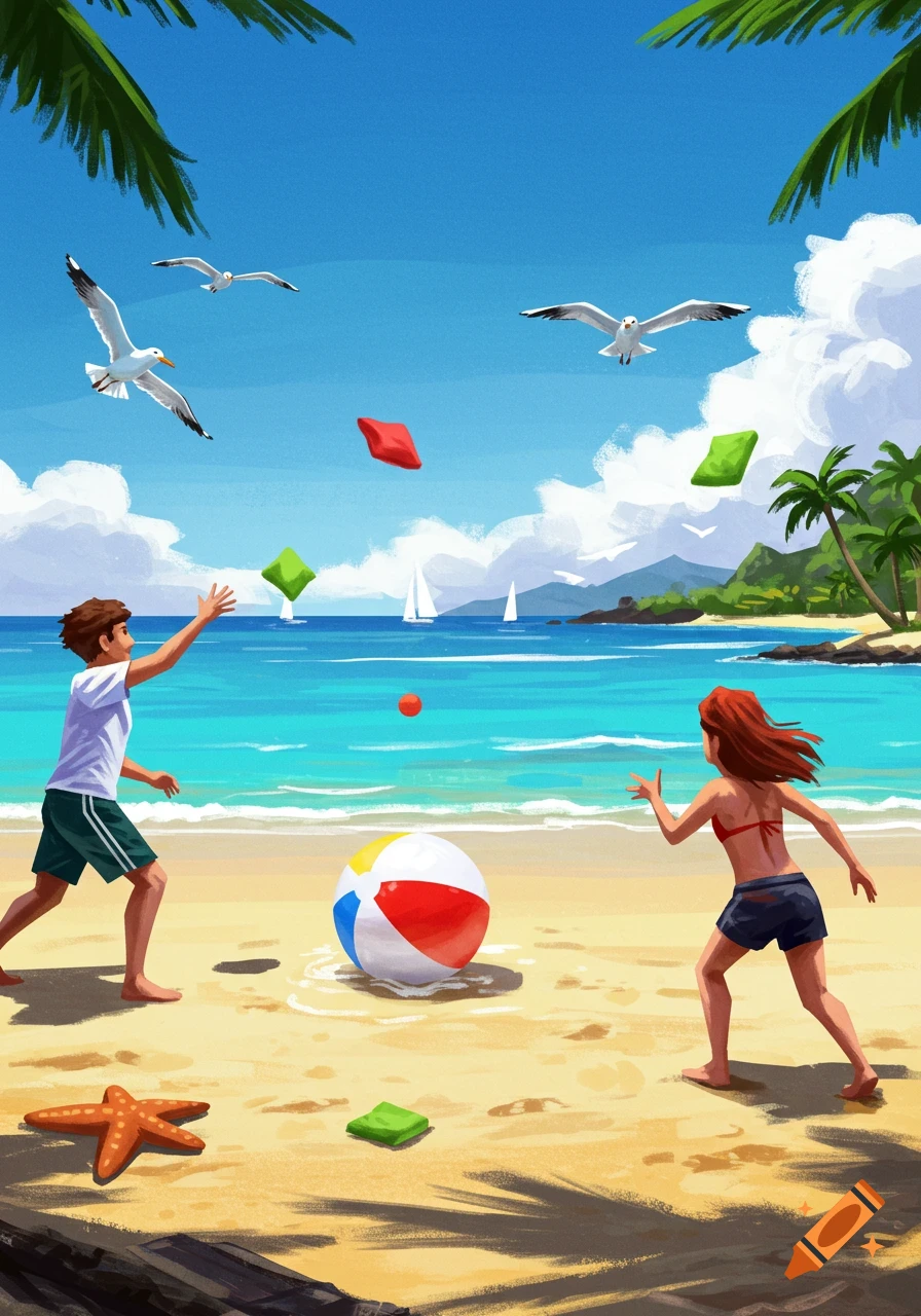 An illustration of two people playing with beanbags and a beachball on a sunny tropical beach.
