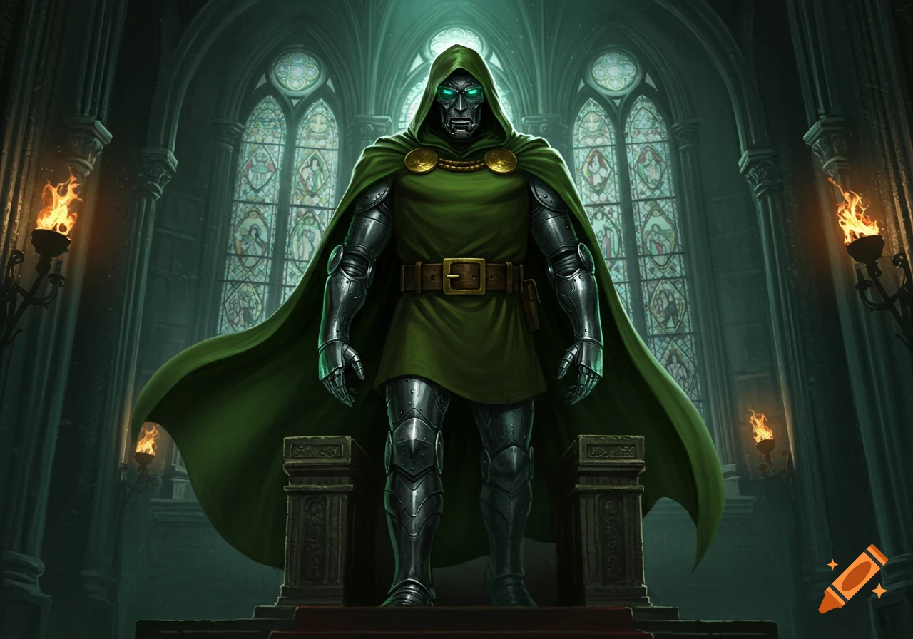 Doctor Doom stands powerfully in a gothic cathedral, armored in green and silver, with glowing green eyes and stained glass windows in the background.