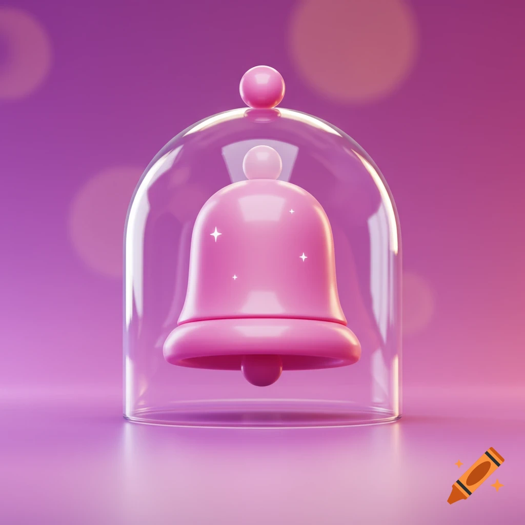 A stylized 3D render of a pink bell inside a clear glass dome, on a purple background with bokeh lights.