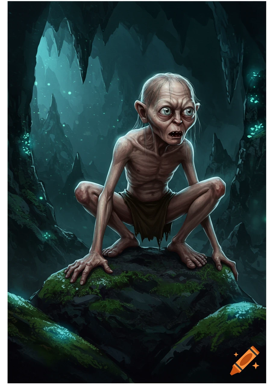 Gollum squats on a moss-covered rock in a dark, glowing cave, illustrated in a digital art style.